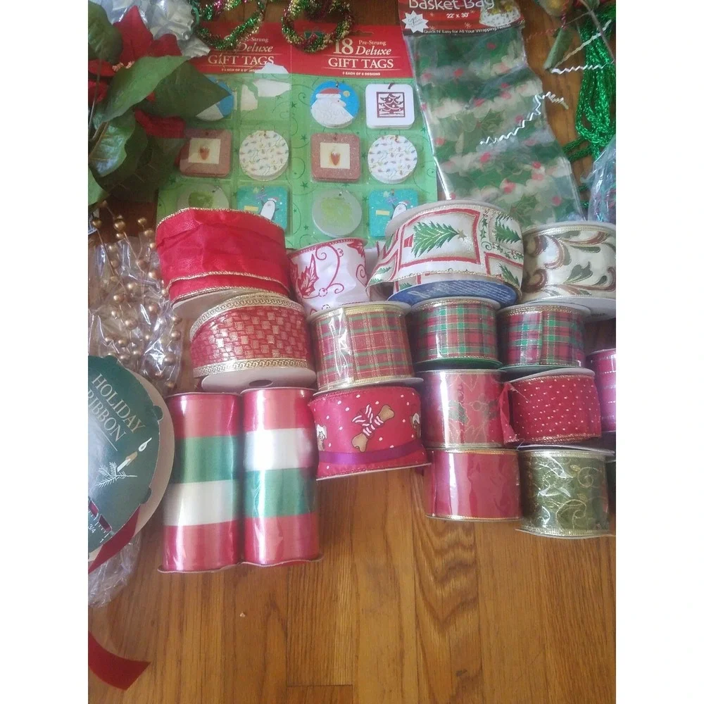 Big Lot Of Holiday Christmas Gift Baskets Supplies Ribbons Picks Tags Ornaments